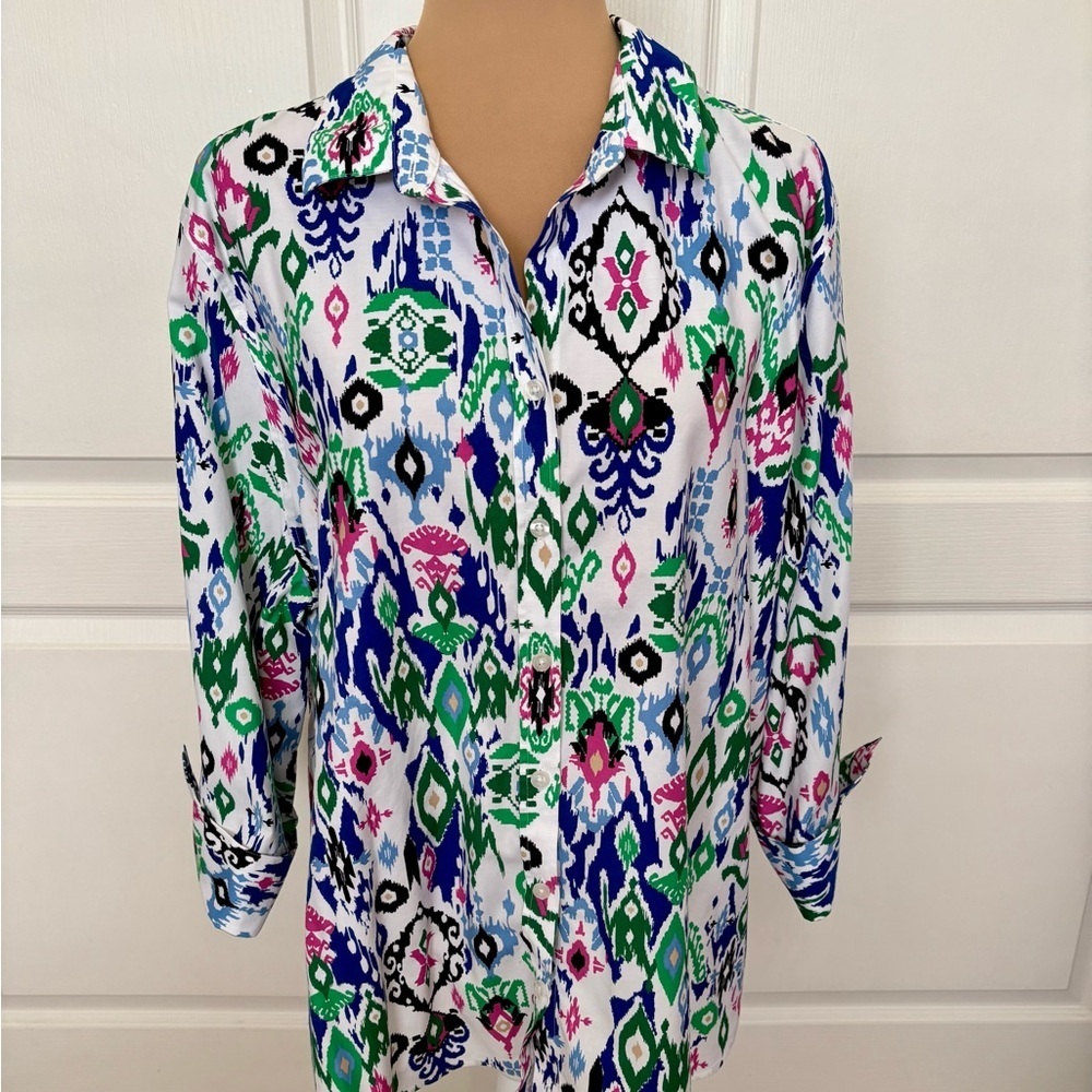 Chico’s XL No-Iron Chic Stretch Shirt – Abstract Multicolor Print, Button Front